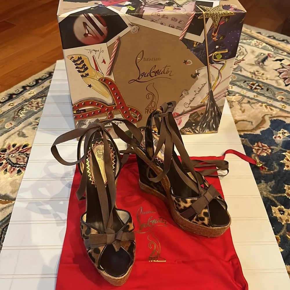 Christian Louboutin Brown/Black Leopard Print Isabelle Wedge Sandals
